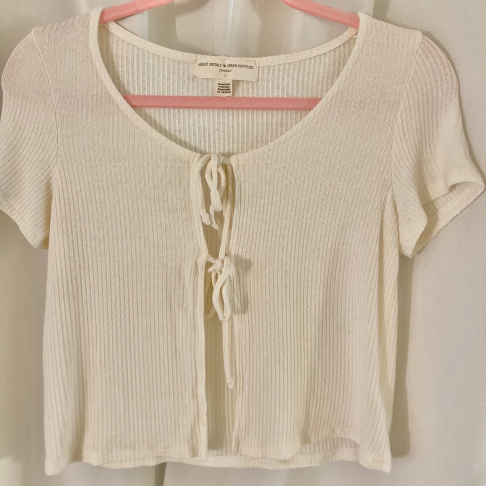 Project Social T x Urban Outfitters Cream Ribbed Tie-Front Top